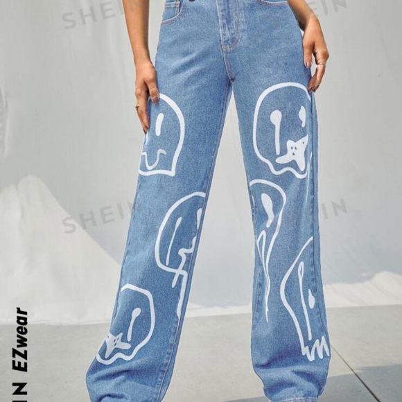 Shein EZwear Womens High Waisted Wide Boyfriend Jeans Smiley Face Small 4 - Picture 2 of 9